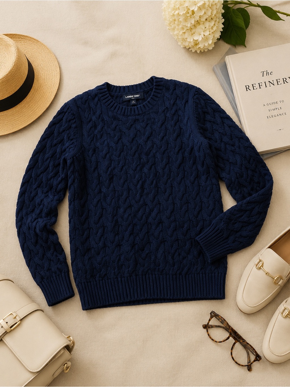LANDS END- Navy Drifter sweater Cable knit Medium